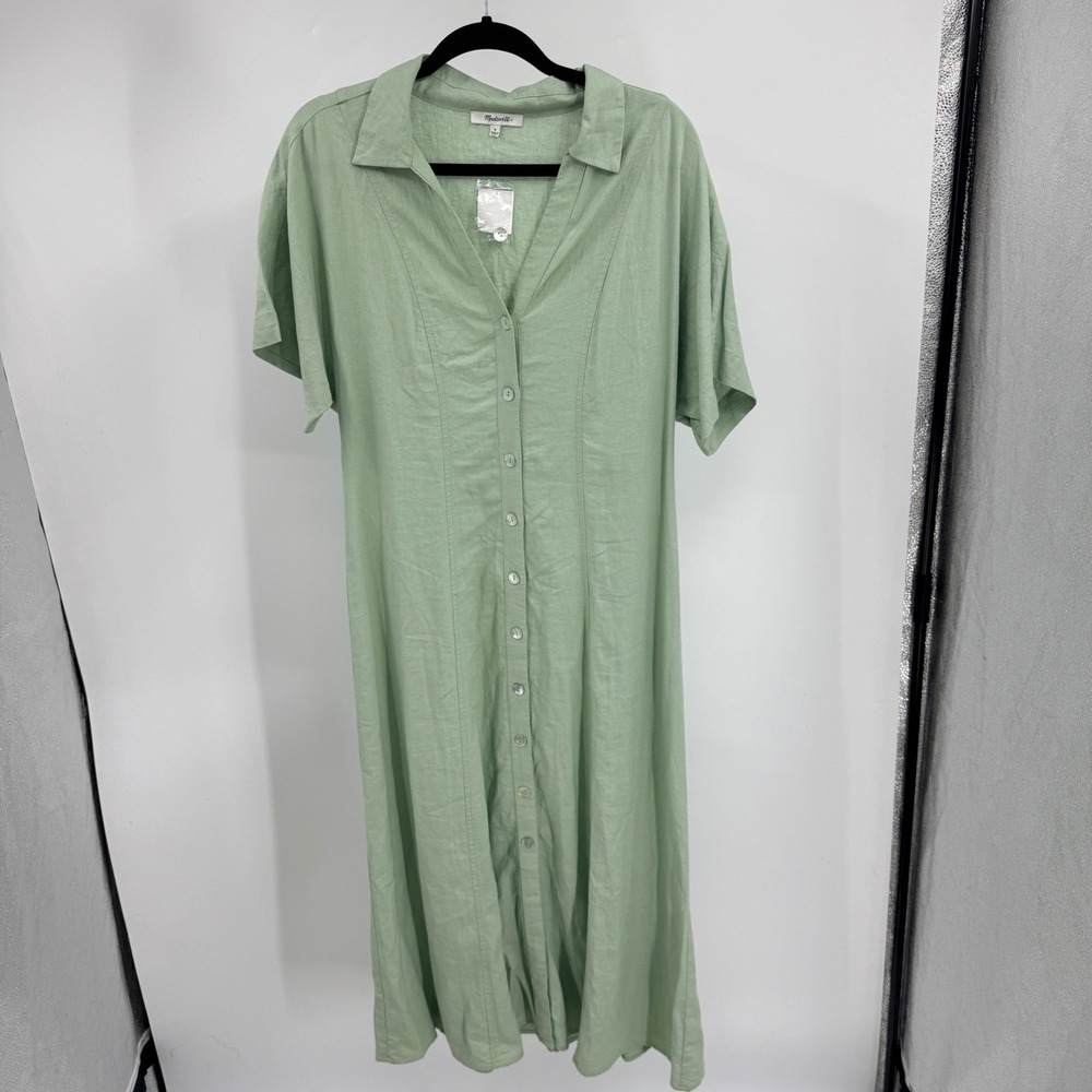 Madewell Pistachio Green Linen Blend‎ Button Front Midi Dress NP079 Womens 8 NEW